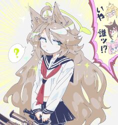  4girls ? ahoge alternate_hairstyle animal_ears anti-materiel_rifle barrett_m82 bike_shorts blue_archive blush commentary_request fluffy_hair fox_ears fox_girl fox_platoon_(blue_archive) green_eyes green_halo gun halo highres kurumi_(blue_archive) lanome long_hair midriff multiple_girls navel neckerchief niko_(blue_archive) otogi_(blue_archive) pleated_skirt red_neckerchief rifle school_uniform scope serafuku simple_background skirt sniper_rifle spoken_question_mark translation_request weapon yukino_(blue_archive) 