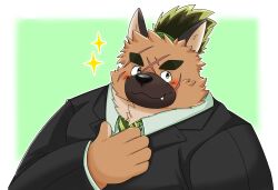  1boy absurdres animal_ears black_suit blush claws closed_mouth commentary_request cross_scar dog_boy dog_ears furry furry_male green_necktie hand_on_own_chest highres jinastray looking_to_the_side looking_up male_focus multiple_scars necktie ponytail scar scar_across_eyebrow scar_on_cheek scar_on_face scar_on_forehead shirt smile sparkle suit upper_body white_shirt 