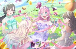  4girls :d anyoji_hime bare_shoulders black_hair blonde_hair blue_eyes blue_flower blue_hair breasts brown_hair closed_eyes collarbone day dress dutch_angle falling_flower fang flower flower-shaped_hair fujishima_megumi game_asset gradient_hair green_dress green_hairband grey_hairband hairband highres holding_hands ima_kako_mirai_no_sangenshoku katsuragi_izumi large_breasts long_hair looking_at_another love_live! love_live!_hasu_no_sora_jogakuin_school_idol_club low_ponytail medium_breasts mira-cra_park! motion_blur multicolored_hair multiple_girls non-web_source official_art open_mouth orange_eyes osawa_rurino outdoors pink_dress pink_flower pink_hair pink_hairband ponytail purple_dress purple_flower purple_hairband self-datamine sleeveless sleeveless_dress slit_pupils smile strapless strapless_dress teeth upper_teeth_only violet_eyes virtual_youtuber white_dress yellow_flower 