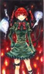  animal_ears bad_id braid cat_ears cat_tail dress ghost hand_on_hip hips kaenbyou_rin multiple_tails red_eyes red_hair redhead skull smile solo sonou_(lalala27) spirit standing tail touhou twin_braids twintails 