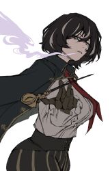  1girl black_coat black_hair black_pants breasts coat coat_on_shoulders collared_shirt commentary cowboy_shot frilled_shirt frilled_sleeves frills grey_eyes grey_streaks highres holding holding_smoking_pipe kiseru large_breasts limbus_company looking_at_viewer lucxie_233 mechanical_hands moses_(project_moon) multicolored_hair necktie pants project_moon prosthesis prosthetic_hand red_necktie shirt short_hair simple_background single_mechanical_hand smoke smoke_trail smoking_pipe solo streaked_hair striped_clothes striped_pants the_distortion_detective white_background white_shirt wrinkled_skin 