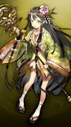  1girl bow breasts brown_hair floral_print flower full_body game_asset green_eyes green_haori grimms_notes hair_bow hair_flower hair_ornament hand_up haori high_heel_sandals high_heels holding holding_staff japanese_clothes kaguyahime_(grimms_notes) kaguyahime_(original)_(grimms_notes) kimono long_hair looking_at_viewer non-web_source official_art open_mouth print_haori red_sash sandals sash smile socks solo staff toridamono very_long_hair white_bow white_socks yellow_background yellow_kimono 