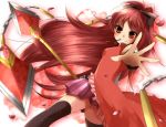  ayuko_(ayuco) bad_id blurry depth_of_field grin highres long_hair mahou_shoujo_madoka_magica outstretched_hand pocky polearm ponytail red_eyes red_hair redhead sakura_kyouko smile solo spear thighhighs weapon 