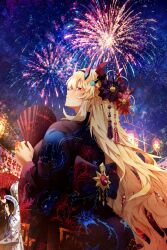  3girls absurdres baobhan_sith_(fate) barghest_(fate) black_kimono blonde_hair blush commentary commission english_commentary fate/grand_order fate_(series) festival fireworks floral_print folding_fan from_behind hair_ornament hairband hand_fan highres holding holding_fan horns japanese_clothes kimono long_hair looking_at_viewer looking_to_the_side morgan_le_fay_(fate) multiple_girls night obazzotto outdoors parted_lips red_eyes sky very_long_hair yukata 