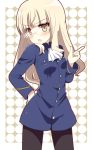  &gt;:o 1girl ascot black_legwear blonde_hair blush glasses hand_on_hip highres index_finger_raised kimoko long_hair looking_at_viewer military military_uniform open_mouth pantyhose perrine_h_clostermann solo strike_witches uniform yellow_eyes 