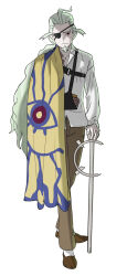  1boy arm_sling bags_under_eyes blonde_hair broken_arm brown_pants brown_shoes bruise bruise_on_shoulder cane cast cvc_deino design_speculation dress_shirt eyepatch facial_hair facing_viewer full_body ghetsis_(pokemon) goatee hair_slicked_back highres holding holding_cane injury low_ponytail male_focus pants partially_unbuttoned pokemon pokemon_black_and_white ponytail red_eyes scarf shirt shoes white_background white_shirt yellow_scarf 