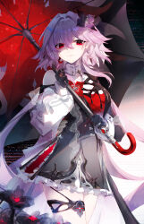  1girl absurdres black_dress black_gloves breasts closed_mouth commentary cowboy_shot dress elphe evernight_(honkai:_star_rail) gloves hair_between_eyes hands_up highres holding holding_umbrella honkai:_star_rail honkai_(series) long_hair long_sleeves looking_at_viewer march_7th_(honkai:_star_rail) medium_breasts pink_hair red_eyes red_umbrella signature single_bare_shoulder solo thigh_strap umbrella very_long_hair 