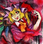  ascot blonde_hair blood blue_hair chotto flandre_scarlet hat highres red_eyes side_ponytail solo the_embodiment_of_scarlet_devil touhou traditional_media 