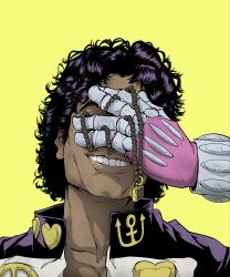  1boy black_hair cosplay dark-skinned_male dark_skin diamond_wa_kudakenai gakuran higashikata_josuke higashikata_josuke_(cosplay) highres jojo_no_kimyou_na_bouken male_focus michael_jackson parody peace_symbol rem_illustrations school_uniform smile solo stand_(jojo) 
