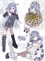  1girl animal_print arm_warmers belt_boots black_arm_warmers blue_hair boots camisole commentary_request dress frilled_dress frills full_body gold_dress highres jacket knee_boots long_hair multiple_views nail_polish official_alternate_costume pantyhose plaid_clothes plaid_dress shirt simple_background skeleton_print sleeveless sleeveless_shirt thigh_strap tiger_print torn_clothes torn_shirt twintails two_side_up virtual_youtuber vspo! wavy_hair white_background white_camisole wide_ponytail yano_kuromu yano_kuromu_(1st_costume) yano_kuromu_(2nd_costume) yano_kuromu_(3rd_costume) zezezezennte zoom_layer 