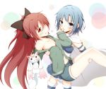  aikawa_ryou carrying grin highres kyubey kyuubee mahou_shoujo_madoka_magica miki_sayaka multiple_girls ponytail princess_carry sakura_kyouko smile yuri 