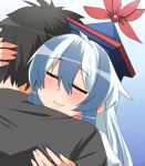  artist_self-insert blue_hair closed_eyes commentary eyes_closed good_end hat hug kamishirasawa_keine loggy long_hair love rugi self-portrait smile solo touhou 