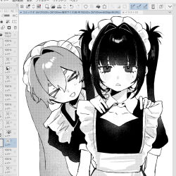  >_< 2girls :3 :d apron art_program_in_frame blunt_bangs closed_eyes commentary_request double-parted_bangs dress greyscale hair_between_eyes hair_intakes highres iwonu long_hair maid maid_headdress monochrome multiple_girls open_mouth original short_sleeves sidelocks simple_background smile thick_eyebrows twintails upper_body white_background x3 xd 