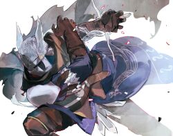  1boy absurdres arm_mounted_weapon armor blue_shirt boots brown_boots brown_gloves cape commentary elden_ring elden_ring_nightreign english_commentary feet_out_of_frame floating_cape fui_(fui29493452) glass_shards gloves helm helmet highres knight male_focus shirt solo thigh_boots torn_cape torn_clothes white_background winged_helmet wylder_(elden_ring) 