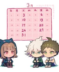  1girl 2boys :o ahoge black_thighhighs brown_hair calendar_(object) chibi commentary_request danganronpa_(series) danganronpa_2:_goodbye_despair dress_shirt green_jacket grey_hair hair_between_eyes hair_ornament highres hinata_hajime jacket komaeda_nagito long_sleeves medium_hair messy_hair multiple_boys nanami_chiaki neck_ribbon necktie open_clothes open_jacket open_mouth pants pink_eyes pink_ribbon ribbon shirt short_hair sitting smile thigh-highs white_shirt youko-shima 