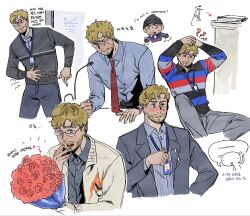  1boy beard beard_stubble blonde_hair blush casual chocytd commentary_request facial_hair glasses highres korean_commentary male_focus messy_hair project_hail_mary round_eyewear ryland_grace solo stubble teacher 