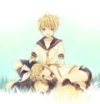  blue_eyes boots bow crossed_legs detached_sleeves grass hair_bow heca kagamine_len kagamine_rin legs_crossed lying midriff name_tag necktie open_mouth ponytail school_uniform serafuku short_hair shorts siblings sitting twins vocaloid 