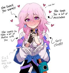  1girl absurdres blue_eyes camera commentary english_commentary english_text geerux heart highres honkai:_star_rail honkai_(series) long_hair looking_at_viewer march_7th_(honkai:_star_rail) march_7th_(preservation)_(honkai:_star_rail) multicolored_eyes own_hands_together pink_hair shirt smile solo violet_eyes white_shirt 