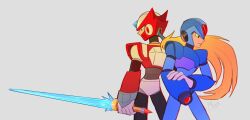  2boys absurdres arm_cannon armor blonde_hair blue_armor blue_eyes blue_helmet cowboy_shot glint green_eyes helmet highres holding holding_sword holding_weapon long_hair male_focus mega_man_(series) mega_man_x_(series) milaisadoodles multiple_boys red_armor red_helmet sword weapon x_(mega_man) z_saber zero_(mega_man) 