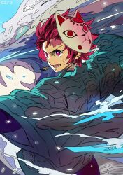  earrings fox_mask hanafuda_earrings haori highres holding holding_sword holding_weapon ixiimmv japanese_clothes jewelry kamado_tanjirou katana kimetsu_no_yaiba mask open_mouth print_haori scar scar_on_face scar_on_forehead standing sword upper_body water weapon 