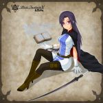  boots cloak glasses gloves highres long_hair midnight_(artist) pantyhose pixiv_fantasia pixiv_fantasia_5 purple_eyes sitting sword violet_eyes weapon 