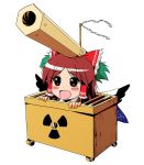  :d blush_stickers bow box brown_eyes brown_hair cannon detached_sleeves donation_box fusion girl_in_a_box gohei hair_bow hakurei_reimu if_they_mated in_box in_container miko open_mouth porurin_(do-desho) radiation_symbol reiuji_utsuho simple_background smile solo touhou yin_yang 