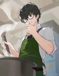  1boy amamiya_ren apron black-framed_eyewear black_eyes black_hair blurry blurry_background closed_mouth collared_shirt commentary_request cooking cooking_pot glasses green_apron hair_between_eyes hand_on_own_chin highres holding male_focus mudo_on8 persona persona_5 refrigerator shirt sleeves_rolled_up solo steam twitter_username white_shirt 