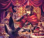  black_hair blueberry brown_hair cake cape doughnut eating feast feet_on_table flower food fruit gloves highres knife lucas_(pixiv_fantasia) male minami_seira pastry pie pixiv_fantasia pixiv_fantasia_5 red_eyes red_rose ribbon rose solo strawberry throne tiered_tray trigard_empire 