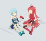  apple bare_shoulders blue_eyes blue_hair boots cape closed_eyes detached_sleeves eyes_closed food fruit giving glider_(artist) gloves grin guraida long_hair magical_girl mahou_shoujo_madoka_magica miki_sayaka multiple_girls ponytail red_hair redhead sakura_kyouko short_hair simple_background sitting smile thigh-highs thighhighs white_gloves 