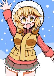  1girl 9ma_(9matohibari) :d absurdres bob_cut brown_skirt commentary_request cowboy_shot fur_hood hair_ornament hairclip highres jacet looking_at_viewer outdoors pink_sweater ribbed_sweater senki_zesshou_symphogear short_hair skirt smile snow snowing solo sweater tachibana_hibiki_(symphogear) upper_body waving winter_clothes yellow_eyes 