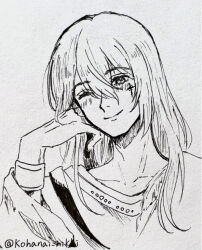  1boy closed_mouth collarbone commentary_request cropped_torso eyelashes facial_mark hair_between_eyes hair_down hand_on_own_cheek hand_on_own_face happy kohanai_setsuna layered_sleeves leonid_(shining_nikki) lineart long_hair_between_eyes loose_hair_strand male_focus marking_on_cheek nikki_(series) nostrils one_eye_closed robe shining_nikki shirt smile solo star_(symbol) star_facial_mark traditional_media twitter_username wide_sleeves 