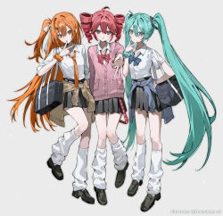  3girls a.i._voice absurdres adachi_rei aqua_eyes aqua_hair aqua_nails bag black_shoes black_skirt blue_bow blue_cardigan bow brown_cardigan cardigan cardigan_around_waist closed_mouth clothes_around_waist collared_shirt dot_nose drill_hair full_body gyaru hair_between_eyes hair_ornament hairclip hatsune_miku highres kasane_teto kaukrtya0915 leg_warmers long_hair looking_at_viewer medium_hair multiple_girls necktie open_mouth orange_eyes orange_hair orange_nails orange_necktie pink_cardigan pleated_skirt red_bow red_eyes red_hair red_nails school_bag shirt shoes side_ponytail simple_background skirt standing striped_bow twin_drills twintails twitter_username utau v very_long_hair vocaloid white_leg_warmers white_shirt 