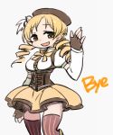  beret blonde_hair boots chan_co corset detached_sleeves drill_hair english fingerless_gloves gloves hat mahou_shoujo_madoka_magica puffy_sleeves smile solo thigh-highs thighhighs tomoe_mami yellow_eyes 