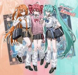  3girls a.i._voice absurdres adachi_rei aqua_eyes aqua_hair aqua_nails bag black_shoes black_skirt blue_bow blue_cardigan bow brown_cardigan cardigan cardigan_around_waist closed_mouth clothes_around_waist collared_shirt dot_nose drill_hair english_text full_body gyaru hair_between_eyes hair_ornament hairclip hatsune_miku highres kasane_teto kaukrtya0915 leg_warmers long_hair looking_at_viewer medium_hair multiple_girls musical_note necktie open_mouth orange_eyes orange_hair orange_nails orange_necktie pink_cardigan pleated_skirt red_bow red_eyes red_hair red_nails school_bag shirt shoes side_ponytail skirt standing striped_bow twin_drills twintails twitter_username utau v very_long_hair vocaloid white_leg_warmers white_shirt zoom_layer 