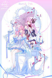  2girls absurdres alternate_costume bare_shoulders black_dress black_thighhighs blue_dress blue_eyes breasts character_name chinese_commentary commentary_request cross-laced_clothes cross-laced_dress detached_sleeves dress dual_persona evernight_(honkai:_star_rail) flower full_body hair_flower hair_ornament hand_up high_heels highres holding holding_umbrella honkai:_star_rail honkai_(series) long_hair long_sleeves looking_at_another march_7th_(honkai:_star_rail) medium_breasts miaogujun multicolored_eyes multiple_girls parted_lips pink_eyes pink_hair red_eyes sitting smile standing thigh-highs two-tone_dress two-tone_eyes umbrella white_dress white_thighhighs 
