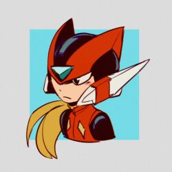  1boy armor black_eyes forehead_jewel from_behind helmet male_focus mega_man_(series) mega_man_zero_(series) milaisadoodles red_armor red_helmet simple_background solo zero(z)_(mega_man) zero_(mega_man) 