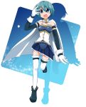  :d bare_shoulders blue_eyes blue_hair buckle cape funmatu gloves highres magical_girl mahou_shoujo_madoka_magica miki_sayaka open_mouth smile solo standing_on_one_leg thigh-highs thighhighs white_gloves white_legwear white_thighhighs 