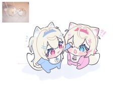  !? 2girls aged_down animal_ear_fluff animal_ears bandaid bandaid_hair_ornament bib blonde_hair blue_eyes blue_pajamas blush_stickers commentary dog dog_ears dog_girl dog_tail facing_viewer fake_horns fuwawa_abyssgard hair_ornament hairclip headpat highres hololive hololive_english horns long_hair looking_at_another mococo_abyssgard multicolored_hair multiple_girls notice_lines one_eye_closed open_mouth pajamas parallel_hairclips photo_inset pink_eyes pink_pajamas reference_inset short_hair short_twintails siblings simple_background sisters sitting sparkling_eyes standing streaked_hair tail toddler twins twintails twitter_username untranslatable_commentary white_background wing_hair_ornament x_hair_ornament yamiescupid 