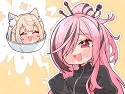  2girls animal_ears black_gloves black_jacket black_streaks blonde_hair blue_streaks closed_eyes dog_ears dog_girl fuwawa_abyssgard gloves highres holding holding_phone hololive hololive_english jacket kukie-nyan long_hair looking_at_viewer mori_calliope mori_calliope_(grimoire) multicolored_hair multiple_girls official_alternate_costume open_mouth pet_cone phone pink_hair ponytail red_eyes streaked_hair two_side_up very_long_hair virtual_youtuber 