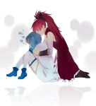  bak blue_hair boots bow cape closed_eyes covering covering_face detached_sleeves eyes_closed gloves hair_bow hair_kiss hand_on_head kiss kneeling long_hair magical_girl mahou_shoujo_madoka_magica miki_sayaka multiple_girls ponytail red_hair redhead sakura_kyouko short_hair sitting thigh-highs thighhighs white_gloves white_legwear white_thighhighs 