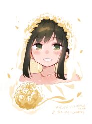  1girl absurdres bare_shoulders black_hair bridal_veil commentary_request dress flower fubuki_(kancolle) green_eyes highres kantai_collection long_hair ma_rukan off-shoulder_dress off_shoulder rose sidelocks solo translation_request upper_body veil wedding_dress white_flower white_rose yellow_dress 