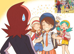  2boys 3girls :d backpack bag black_bag blue_overalls breast_pocket brown_hair chueog closed_eyes collared_shirt commentary_request cowlick ethan_(pokemon) eyelashes game_screenshot_inset green_hair grey_jacket hands_up hat highres jacket juliana_(pokemon) korean_commentary korean_text kris_(pokemon) long_sleeves lyra_(pokemon) multiple_boys multiple_girls necktie open_mouth orange_necktie orange_shorts overalls pocket pokemon pokemon_gold/silver/crystal pokemon_heartgold_and_soulsilver pokemon_masters_ex pokemon_scarlet_and_violet red_hair red_shirt screenshot_inset shirt shorts silver_(pokemon) smile sweatdrop translation_request twintails white_background yellow_hat 