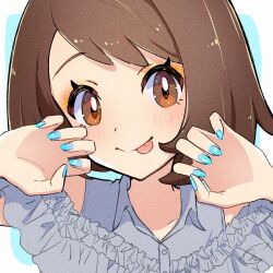  1girl alternate_costume blue_background blue_nails blush brown_eyes brown_hair buttons closed_mouth collared_shirt commentary_request eyelashes gloria_(pokemon) grey_shirt hands_up happy highres looking_at_viewer meru_merume603 mixed-language_commentary nail_polish pokemon pokemon_sword_and_shield shirt short_hair solo tongue tongue_out upper_body 