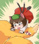 &gt;:3 animal_ears bad_id blush brown_eyes brown_hair cat_ears cat_tail chen chibi earring earrings fangs fingernails grimoire-may hat holding_another's_tail jewelry mary_janes multiple_tails shoes tail tail_grab tail_hug touhou yakumo_ran 
