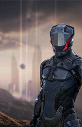  1boy blurry blurry_background bodysuit brown_background building caldari_state_(eve_online) clouds cloudy_sky combat_helmet commentary dust_514 english_commentary eve_online grey_bodysuit grey_helmet helmet outdoors reaching science_fiction sky solo upper_body 