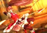  bare_shoulders black_legwear black_thighhighs boots chain chains detached_sleeves grin highres long_hair mahou_shoujo_madoka_magica motion_blur mouth_hold pocky polearm ponytail red_eyes red_hair redhead sakura_kyouko shin_(world_3000) smile solo spear thigh-highs thighhighs weapon zettai_ryouiki 