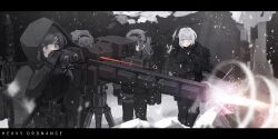  4girls absurdres binoculars black_hair black_jacket black_pants cape character_request coilgun english_text firing girls_frontline grey_eyes grey_hair gun headset highres holding holding_binoculars holding_gun holding_weapon hood hood_up hooded_cape jacket laser_sight letterboxed military multiple_girls outdoors pants renakohii rifle sentry snowing weapon 