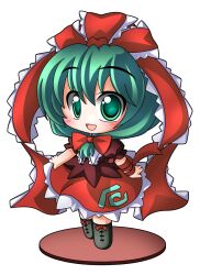  1girl :d arm_ribbon black_boots blush boots brown_shirt chibi chibi_only commentary_request frilled_ribbon frilled_skirt frills front_ponytail full_body green_eyes green_hair hair_between_eyes hair_ribbon kagiyama_hina long_hair open_mouth red_ribbon red_skirt ribbon shinjitsu shirt short_sleeves simple_background skirt smile solo standing touhou white_background 