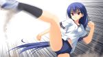  black_socks blue_hair buruma game_cg gym_uniform kicking kneehighs long_hair motion_blur muririn nagamitsu_maya navel noble_works purple_eyes shoes sneakers socks very_long_hair violet_eyes 