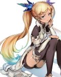  1girl 3: bangs black_legwear blonde_hair blue_eyes blue_hair blush bodystocking dark_skin diamond_(shape) granblue_fantasy green_hair hair_ornament io_euclase knees_together_feet_apart long_hair long_sleeves looking_away looking_to_the_side rainbow_hair simple_background sitting solo swept_bangs thigh-highs tori_no_namae twintails very_long_hair white_background 